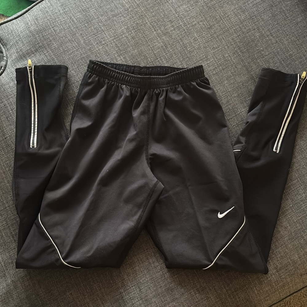 Nike Drawstring Black Athletic Track Pants Jogger Leggings Ankle Zippers S